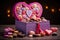 Colorful heart shaped box full of candies and macaroons, whimsical gift box, complete with a hidden compartment filled with a