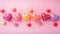 Colorful hearts scattered on a pink background, celebrating Valentine\\\'s Day. Ai Generated