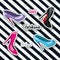 Colorful heeled shoes sticker and text of girls fashion woman on pop art diagonal linear background