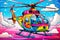 a colorful helicopter flying through a cloudy blue sky with clouds. generative ai