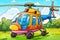 a colorful helicopter is parked on a grassy field with trees. generative ai