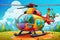 a colorful helicopter sitting on top of a field next to a forest. generative ai