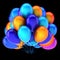 Colorful helium balloons bunch blue orange on black background