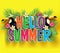 Colorful Hello Summer Lettering Message with Realistic Black Toucan with Tropical Leaves