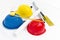 Colorful helmets and tools for construction drawings and buildings