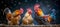 Colorful hens pecking in the dust on a picturesque farmstead in the serene countryside