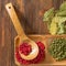 Colorful herbs,spices and aromatic ingredients on wooden table.