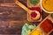 Colorful herbs,spices and aromatic ingredients on wooden table.