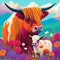 Colorful Highland cow and calf illustration colourful field of flowers