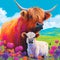 Colorful Highland cow and calf painting