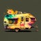 Colorful hippie van trailer illustration, Generative AI