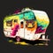Colorful hippie van trailer illustration, Generative AI