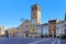 colorful historical buildings and cathedral of lodi city in vittoria square in italy