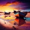 Colorful historical fishermen boats on shore, sunset sky, AI generative illustration