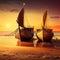 Colorful historical fishermen boats on shore, sunset sky, AI generative illustration