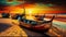 Colorful historical fishermen boats on shore, sunset sky, AI generative illustration