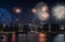 Colorful holiday fireworks panoramic view new york city manhattan downtown