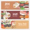 Colorful horizontal banner templates with hand drawn Japanese sushi, rolls, sashimi wasabi, chopsticks. Dining special