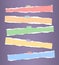 Colorful horizontal ripped strips, notebook, note paper for text or message stuck with sticky tape on purple background.