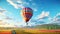 a colorful hot air balloon gracefully floating over a picturesque field with a radiant blue sky as the backdrop. The