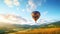 a colorful hot air balloon gracefully floating over a picturesque field with a radiant blue sky as the backdrop. The