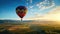 a colorful hot air balloon gracefully floating over a picturesque field with a radiant blue sky as the backdrop. The