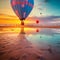 a colorful hot air balloon rises over the water in an overcast sky