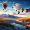 A colorful hot air balloon soaring over a great nature landscape represents an exhilarating adventure