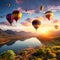A colorful hot air balloon soaring over a great nature landscape represents an exhilarating adventure