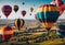 Colorful hot air balloons floating above a picturesque field, AI-generated.