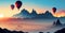 Colorful hot air balloons fly over the mountain, foggy evening, sunset - AI generated image