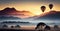 Colorful hot air balloons fly over the mountain, foggy evening, sunset - AI generated image