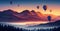 Colorful hot air balloons fly over the mountain, foggy evening, sunset - AI generated image