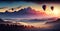 Colorful hot air balloons fly over the mountain, foggy evening, sunset - AI generated image