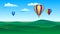 Colorful hot air balloons flying over green hills. Concept of hot air balloon festival, travelling and adventure