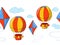 Colorful hot air balloons and kites with clouds on white background. Seamless border