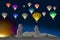 Colorful hot air balloons over scenic pharaohs, sunrise