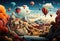 Colorful hot air balloons soaring over scenic valley. Created with Generative AI
