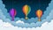 Colorful hot air balloons, stars and clouds on the dark night sky background. Night scene background. Hanging paper crafts.