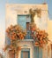 Colorful house with flowers on the island of Crete, Greece