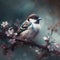 colorful house sparrow perched on a tree branch with flowe