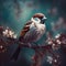 colorful house sparrow perched on a tree branch with flowe