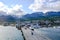 Colorful houses, boats on sea and mountains, Ushuaia, Capaital of Tierra del Fuego, Patagonia, Argentina