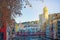 Colorful and houses and bridge Pont de Sant Agusti reflected in river Onyar, in Girona, Catalonia, Spain. Church of Sant Feliu and