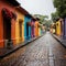 Colorful houses on cobblestone streets with an ominous vibe