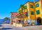 Colorful houses on embankment of Lake Lugano, Morcote, Switzerland