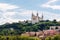 Colorful houses of Lyon and Fourviere Basilica from the Saone riverbank, France