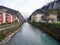 Colorful houses and music conservatory in medieval town Feldkirch on the riverside of Ill. Vorarlberg, Austria.