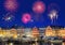 Colorful houses at Nyhavn Waterfront (Copenhagen, Denmark) with fireworks during New Year\\\'s celebration