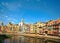 Colorful houses and Saint Mary Cathedral at Onyar River in Girona, Spain.